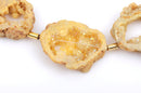 7 Large YELLOW DRUZY Natural Gemstone Quartz Geode Beads, Flat Round Slabs, 1-3/4" to 2-1/4", Rainbow Plated Crystals, gdz0118