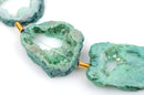 7 Large GREEN DRUZY Natural GEMSTONE Quartz Geode Beads, Flat Round Slabs, beads are 2-1/4" - 2-1/2",  Rainbow Plated Crystals, gdz0115