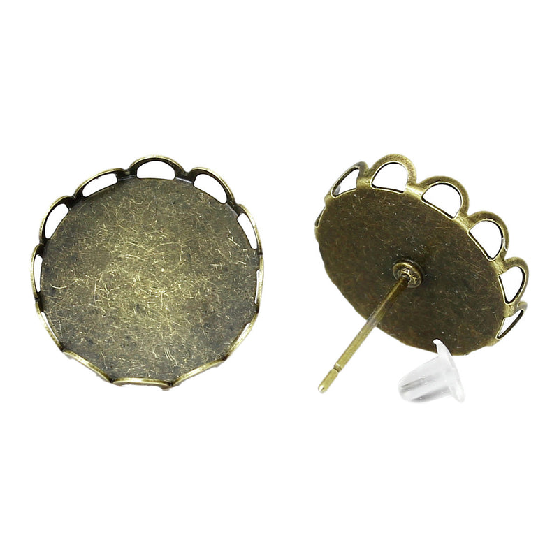 10 Antiqued Bronze Metal POST Earrings for Cabochons  (5 pairs)  fits round 20mm cabochons, scalloped bezel, fin0491
