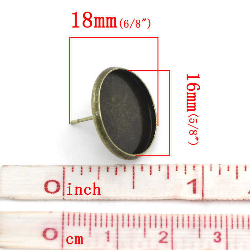 10 Antiqued Bronze Metal POST Earrings for Cabochons  (5 pairs)  fits round 16mm cabochons fin0492