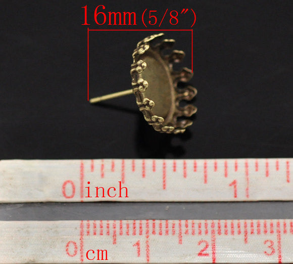 10 Antiqued Bronze Metal POST Earrings for Cabochons  (5 pairs)  fits round 14mm cabochons, crown bezel, fin0488