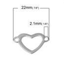 10 HEART Stainless Steel Metal Charms Connector Links, 2 holes, silver stainless steel metal, 7/8" x 1/2" chs2184