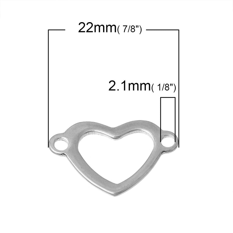 10 HEART Stainless Steel Metal Charms Connector Links, 2 holes, silver stainless steel metal, 7/8" x 1/2" chs2184