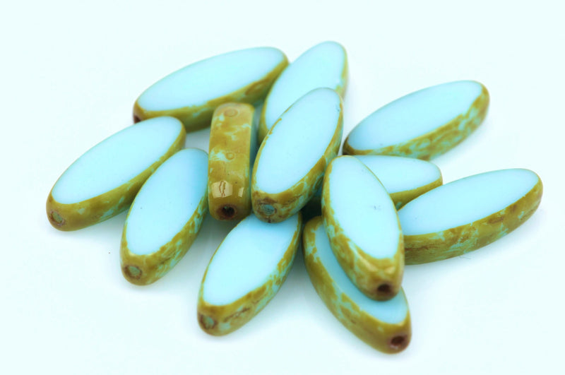 17x6mm BLUE GREEN Opal Picasso Oval SPINDLE Czech Glass Beads, 12 beads, bgl1331