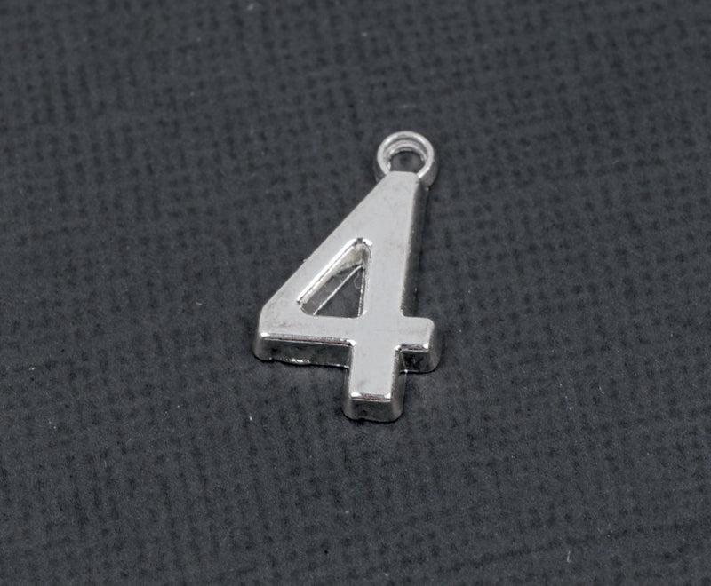 6 Silver Plated Number 4 (four) Charms, 18mm tall, about 3/4" chs2114