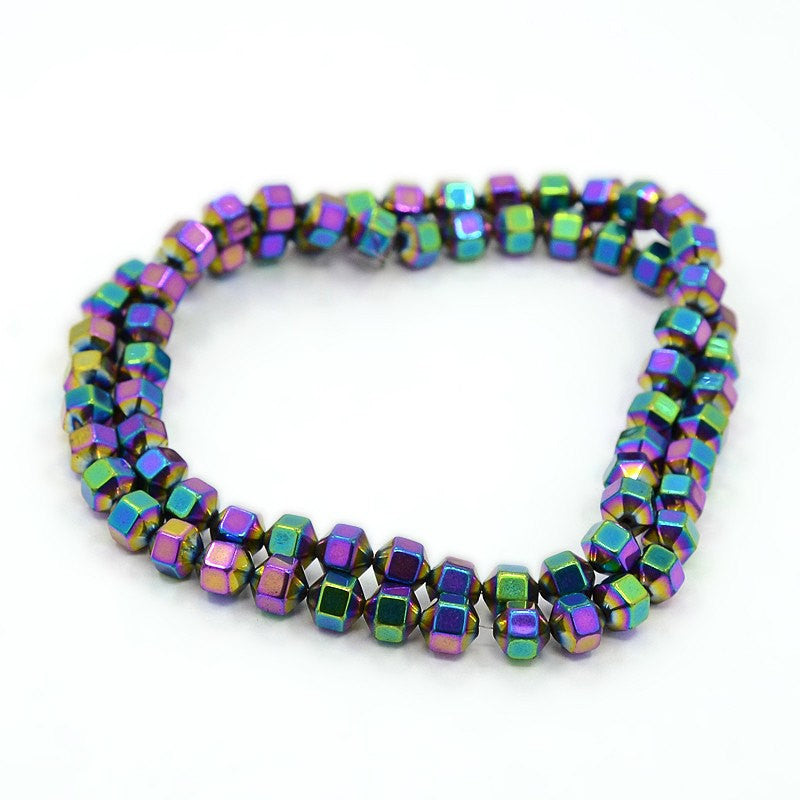 6mm Faceted Hexagon Hematite Loose Beads, RAINBOW titanium plated, 6x4mm, ghe0107