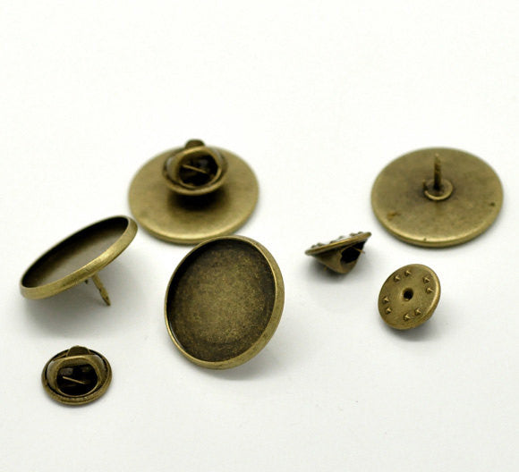 10 Bronze Metal TIE TACK Pins, brooch pins, fits 20mm (3/4") round cabochons bezel tray, clutch back pins, fin0496