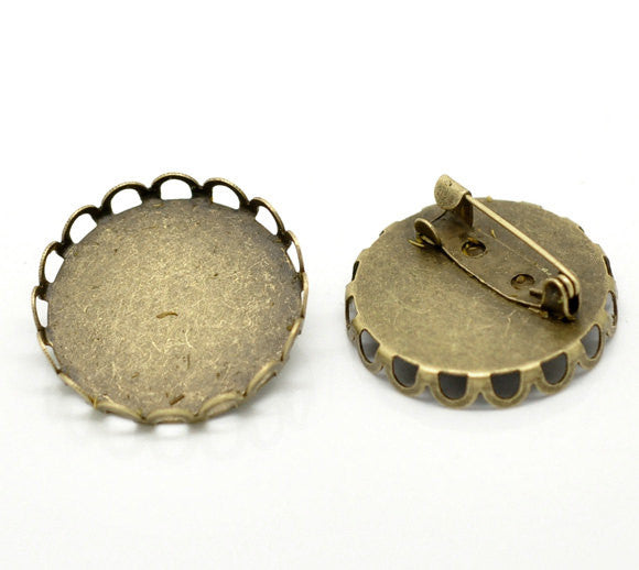 10 Bronze Metal Pins, brooch pins, fits 25mm (1") round cabochonsfiligree bezel tray, pin backs, fin0497
