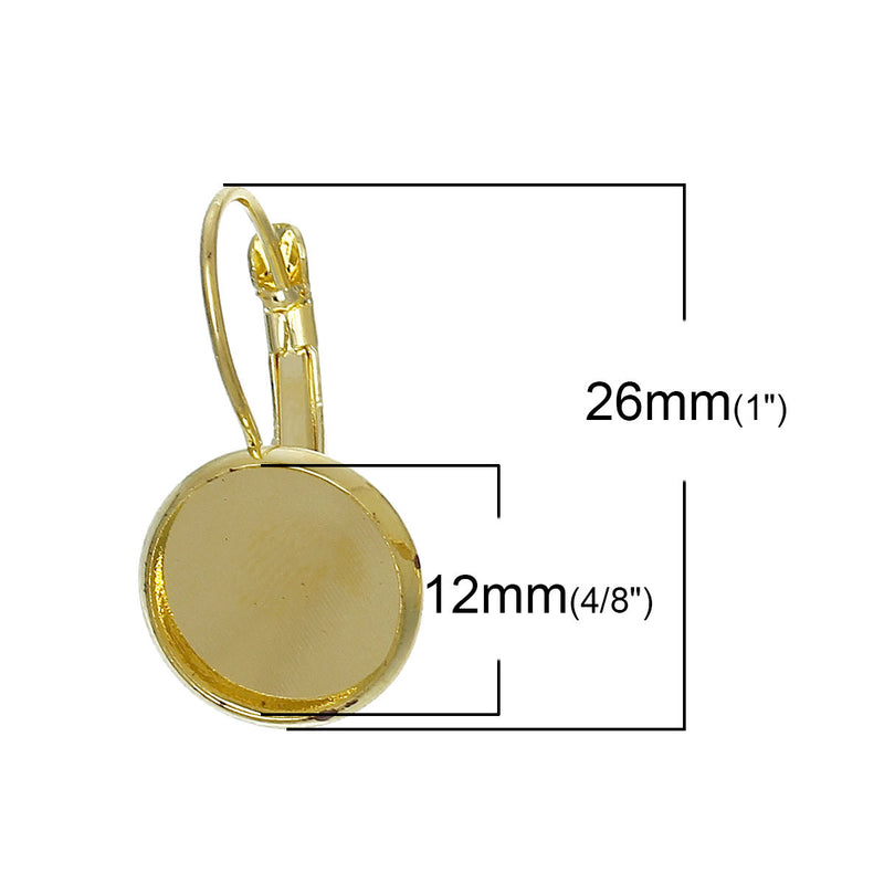 10 (5 pairs) bright gold plated cabochon bezel setting lever back earring components, fits 12mm round inside tray fin0498