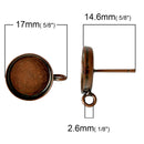 10 (5 pairs) COPPER brass cabochon bezel setting earring post components, with loop, fits 12mm round inside bezel tray  fin0501
