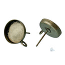 10 (5 pairs) distressed bronze brass cabochon bezel setting earring post components, with loop, fits 12mm round inside bezel tray  fin0504