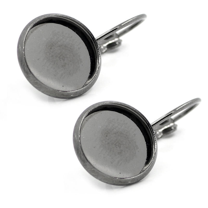 10 (5 pairs) gunmetal cabochon bezel setting lever back earring components, fits 12mm round inside tray fin0505