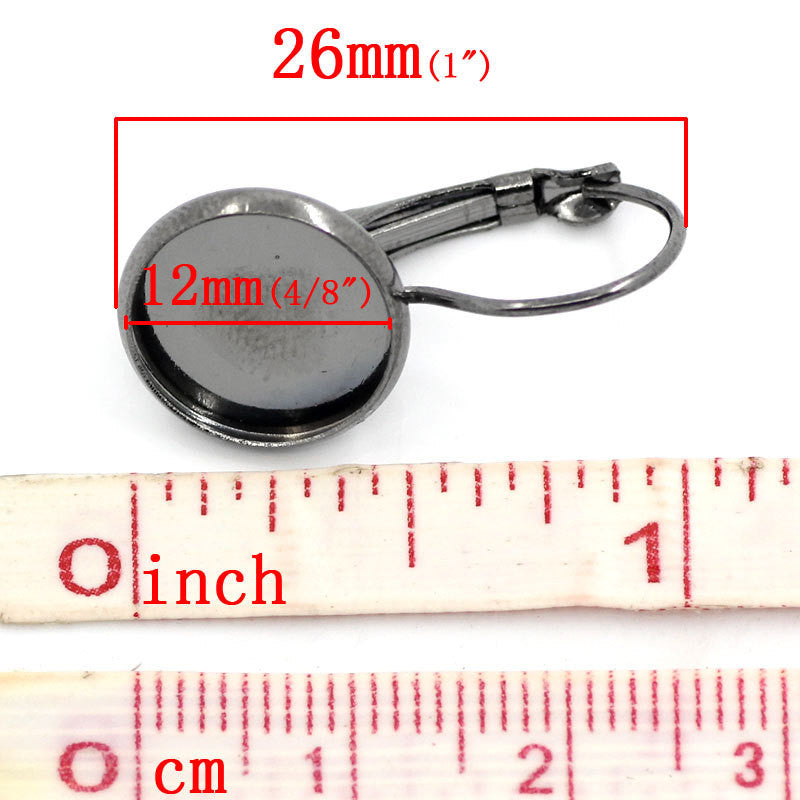 10 (5 pairs) gunmetal cabochon bezel setting lever back earring components, fits 12mm round inside tray fin0505