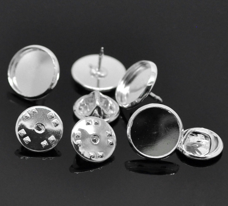 10 Bright Silver Plated Metal TIE TACK Pins, brooch pins, fits 12mm (1/2") round cabochons bezel tray, clutch back pins, fin0507