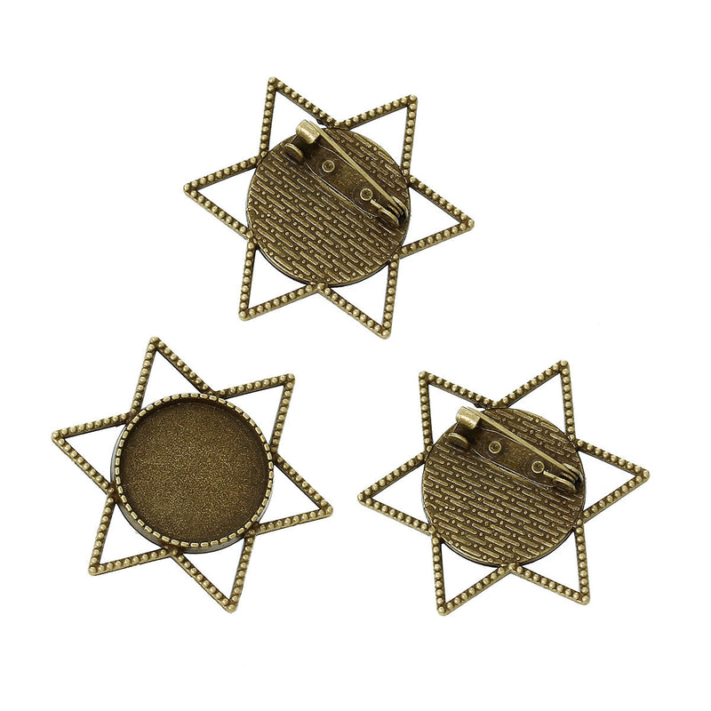 50 Bulk STAR OF DAVID Brooch Pin Blanks, Antiqued Bronze, with Bezel Cabochon Tray, 3/4" Bezel Tray (fits 20mm), pin blanks, pin0088b