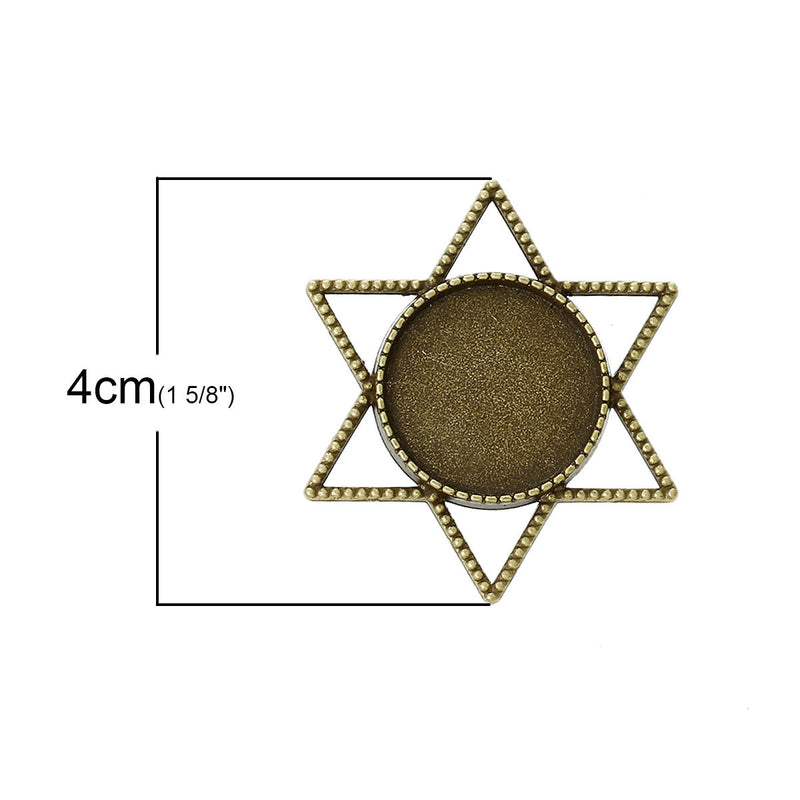 10 Antiqued Bronze STAR OF David Brooch Pin with Bezel Cabochon Tray, 3/4" Bezel Tray (fits 20mm), pin blanks, pin0088a