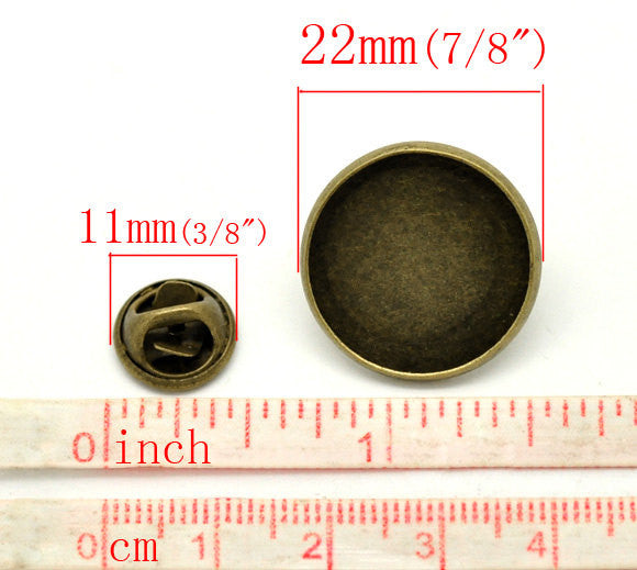 10 Bronze Metal TIE TACK Pins, brooch pins, fits 20mm (3/4") round cabochons bezel tray, clutch back pins, fin0496