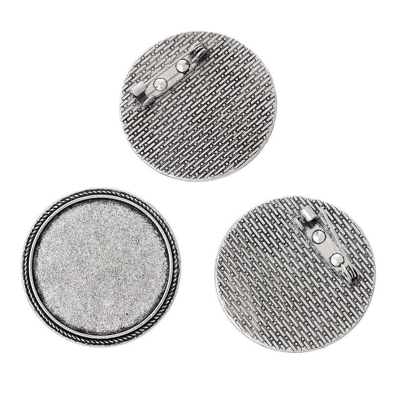 10 Antiqued Silver Brooch Pin with Bezel Cabochon Tray, 1-1/8" Bezel Tray (fits 30mm) pin blanks, pin0089