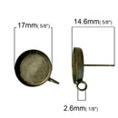 10 (5 pairs) distressed bronze brass cabochon bezel setting earring post components, with loop, fits 12mm round inside bezel tray  fin0504