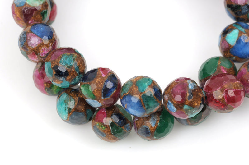 8mm MIXED Green Blue Red Composite Golden Quartz Round Beads, faceted, 1 strand, gmx0035