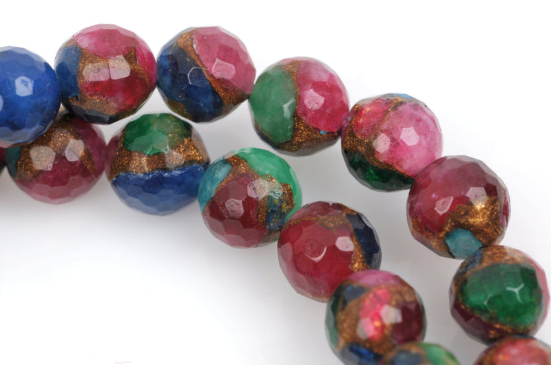 8mm MIXED Green Blue Red Composite Golden Quartz Round Beads, faceted, 1 strand, gmx0035