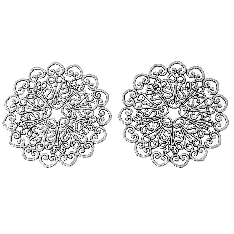5 Filigree Round Findings, Antiqued Silver Metal, Large Round Shapes, Blanks, flat thick findings jewelry, crafts, 2-1/8" diameter fil0058