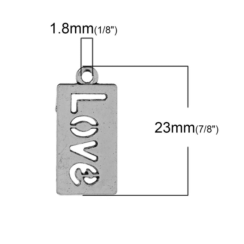 10 Stencil Cutout LOVE Rectangle Charms,  Antique Silver Jewelry Tags chs2222