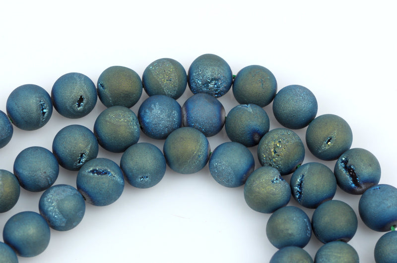 10mm Druzy Quartz Round Beads, Titanium Coated Geode Beads, blue, green, yellow  full strand gdz0075