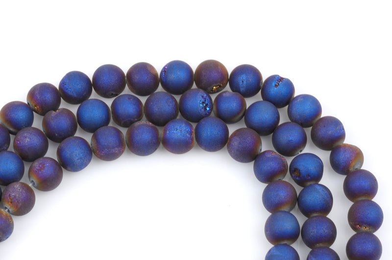 8mm DRUZY QUARTZ Round Beads, Titanium Coated Geode Round Beads, purple blue gold color,  full strand gdz0129