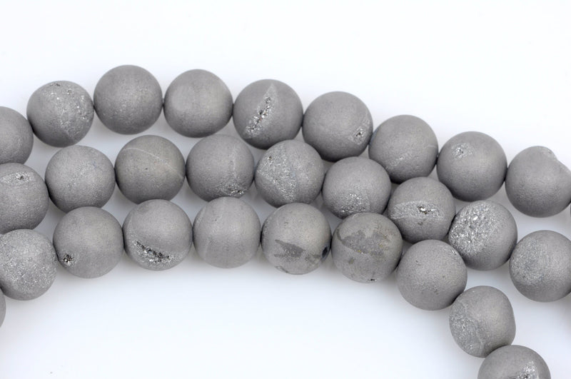 8mm DRUZY QUARTZ Round Beads, Titanium Coated Geode Round Beads, silver color,  full strand gdz0130