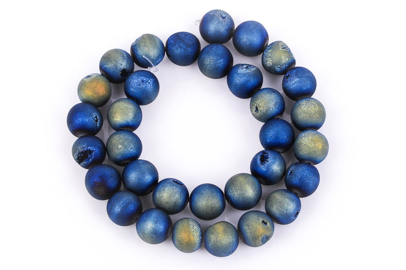 8mm DRUZY QUARTZ Round Beads, Titanium Coated Geode Round Beads, blue purple gold color,  full strand gdz0132
