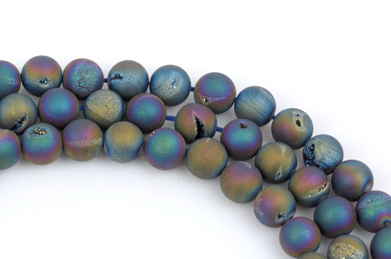 2 Round Beads, Titanium Coated Crystal DRUZY QUARTZ, purple, green, blue  14mm gdz0036