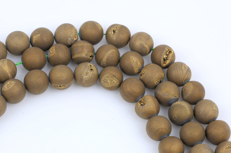 10mm DRUZY QUARTZ Round Beads, Titanium Coated Geode Round Beads, bronze gold color  full strand gdz0076
