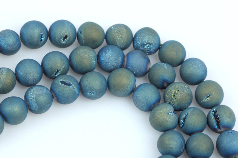 10mm Druzy Quartz Round Beads, Titanium Coated Geode Beads, blue, green, yellow  full strand gdz0075