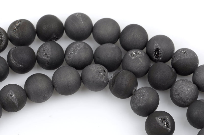 2 Round Beads, Titanium Coated Crystal DRUZY QUARTZ, platinum silver color  14mm gdz0037