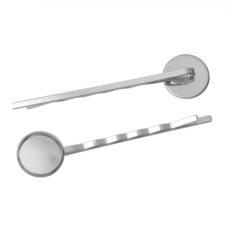 Silver Tone Metal Bobby Pins Hair Clips with bezel tray, fits 12mm round cabochons in bezel tray, 10 pieces, fin0508