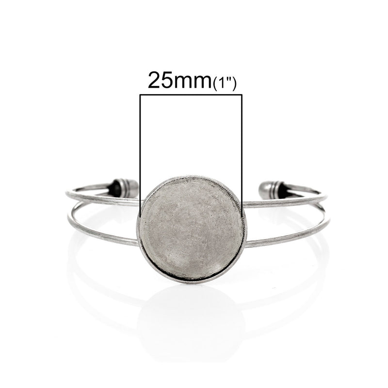 15 Bulk BANGLE Cuff Bracelet with 25mm (1") Round Bezel Tray, silver tone metal, for Cabochon Setting, 25mm (1 inch) fin0509b