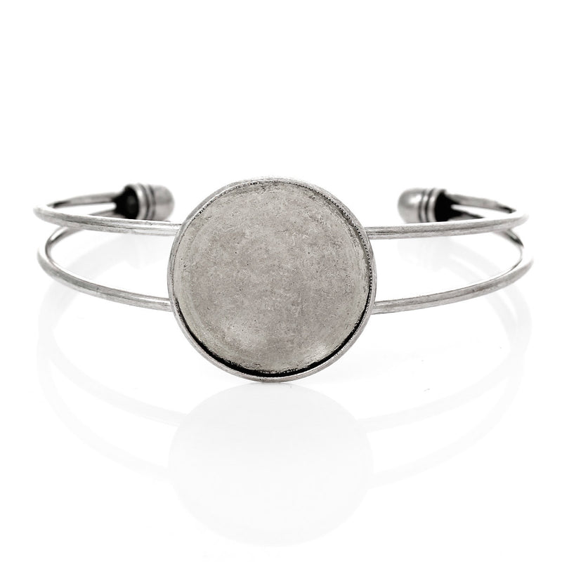 1 BANGLE Cuff Bracelet with 25mm (1") Round Bezel Tray, silver tone metal, for Cabochon Setting, 25mm (1 inch) fin0509a