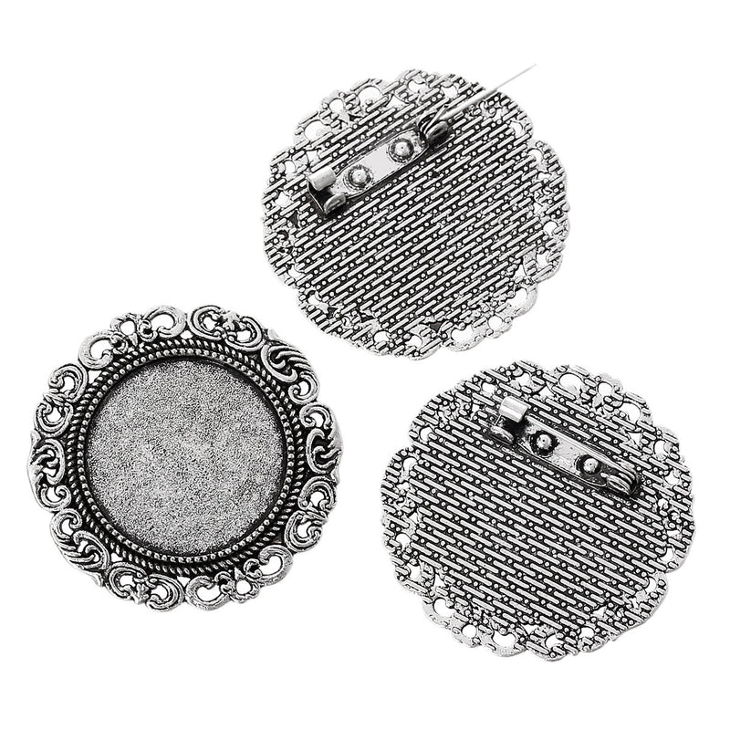 5 Silver Circle Round Brooch Pin with Filigree Bezel Cabochon Tray, 1" Bezel Tray (fits 25mm) pin blanks, pin0091a