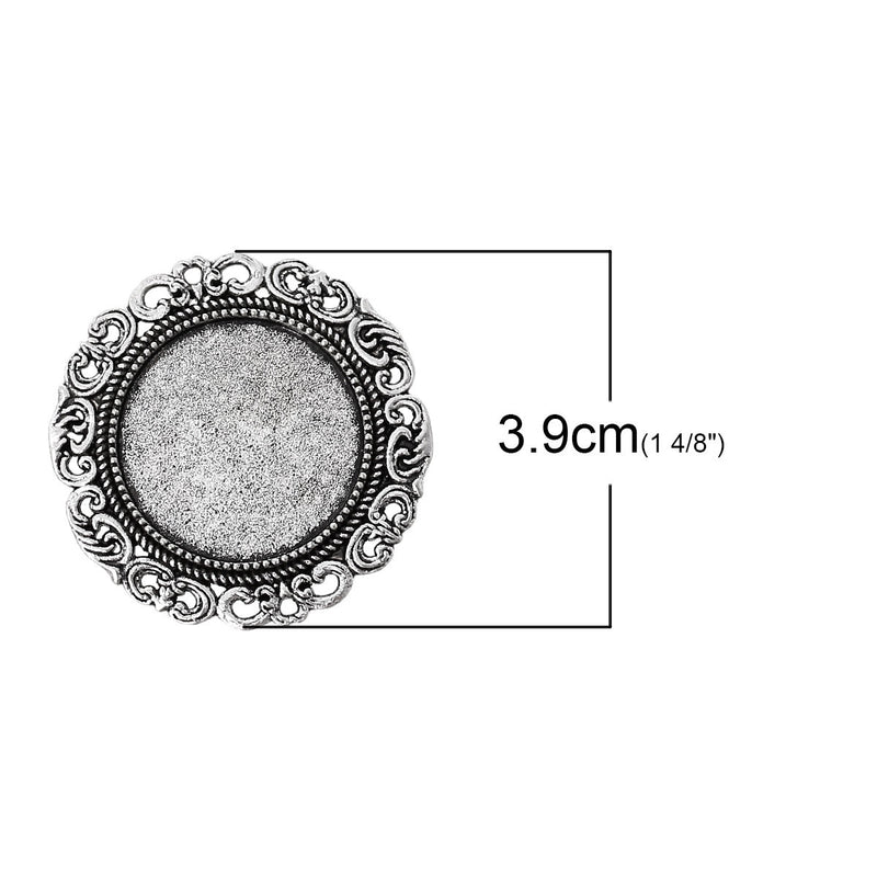 20 bulk Antiqued Silver Circle Round Brooch Pin with Filigree Bezel Cabochon Tray, 1" Bezel Tray (fits 25mm), pin blanks, pin0091b