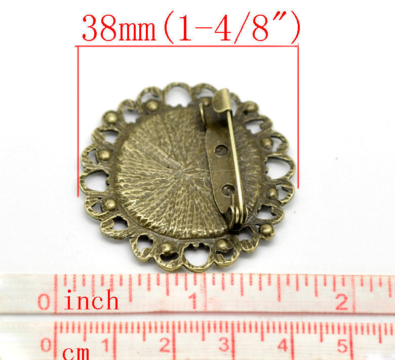 20 bulk Bronze Circle Round Brooch Pin with Filigree Bezel Cabochon Tray, 1" Bezel Tray (fits 25mm), pin blanks, pin0092b