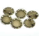 20 bulk Bronze Circle Round Brooch Pin with Filigree Bezel Cabochon Tray, 1" Bezel Tray (fits 25mm), pin blanks, pin0092b