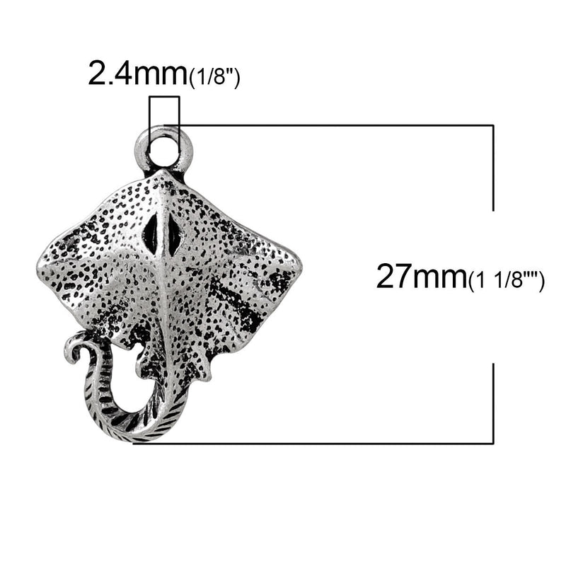 5 STINGRAY FISH Antique Silver Charm Pendants, Sting Ray Charms, ocean beach theme charms, animal charms, chs2232