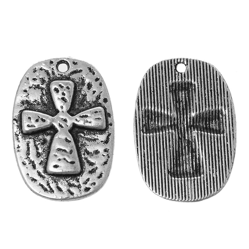 10 SILVER CROSS Religious Pendant Charms, religious charms, oval textured cross pendant, chs2229