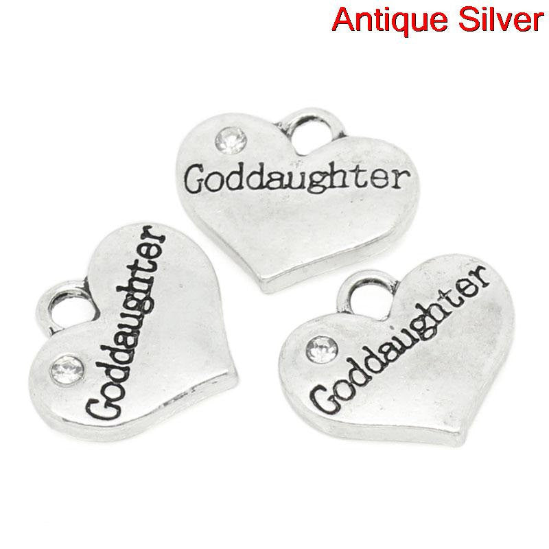 1 "Goddaughter" Heart Charm Antique Silver Rhinestone Pendant 16x14mm, chs2231a