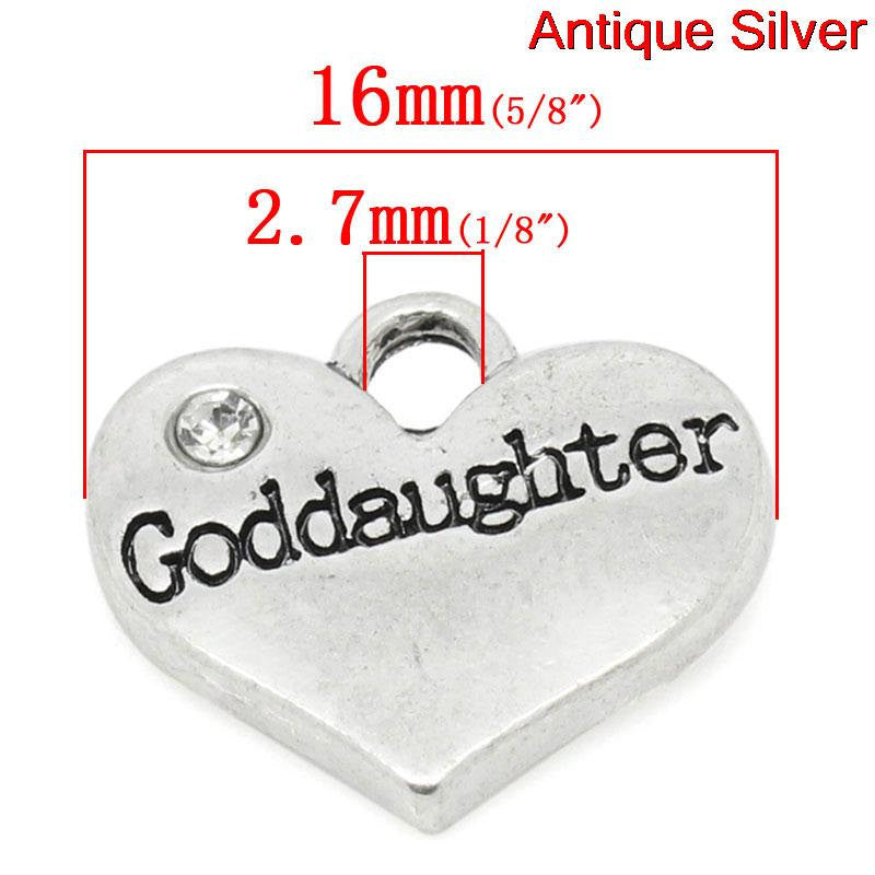 20 "Goddaughter" Heart Charms Antique Silver Rhinestone Pendant 16x14mm, chs2231b