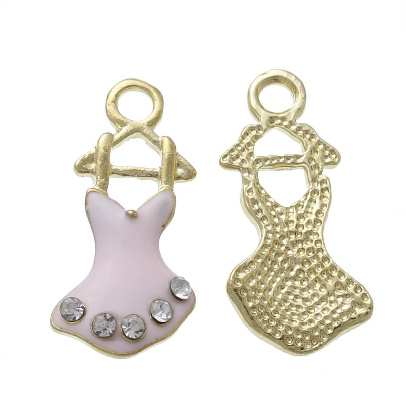 5 Rhinestone BALLET TUTU Dress Dance Charms, Pink Enamel Gold Tone Metal Pendants, che0504