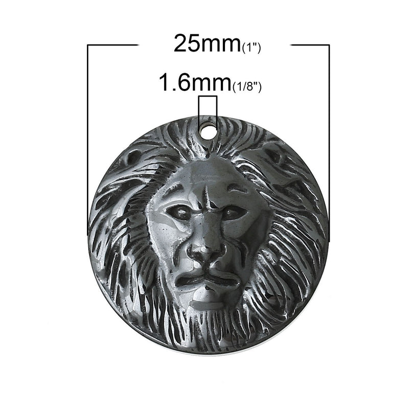 2 HEMATITE LION Face Disc Charms, Gunmetal-Tone Gemstone Pendants, cgm0051