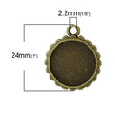 10 ROUND CABOCHON Blanks, Picture Frame Charm Pendant, scalloped edge, Antique Bronze Metal, fits 16mm cabochons, bronze bezel tray - chb0422