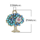 2 Blue TREE of LIFE Gold Plated Rose Charms With Rhinestones, pink resin flower, blooming trees, chg0359